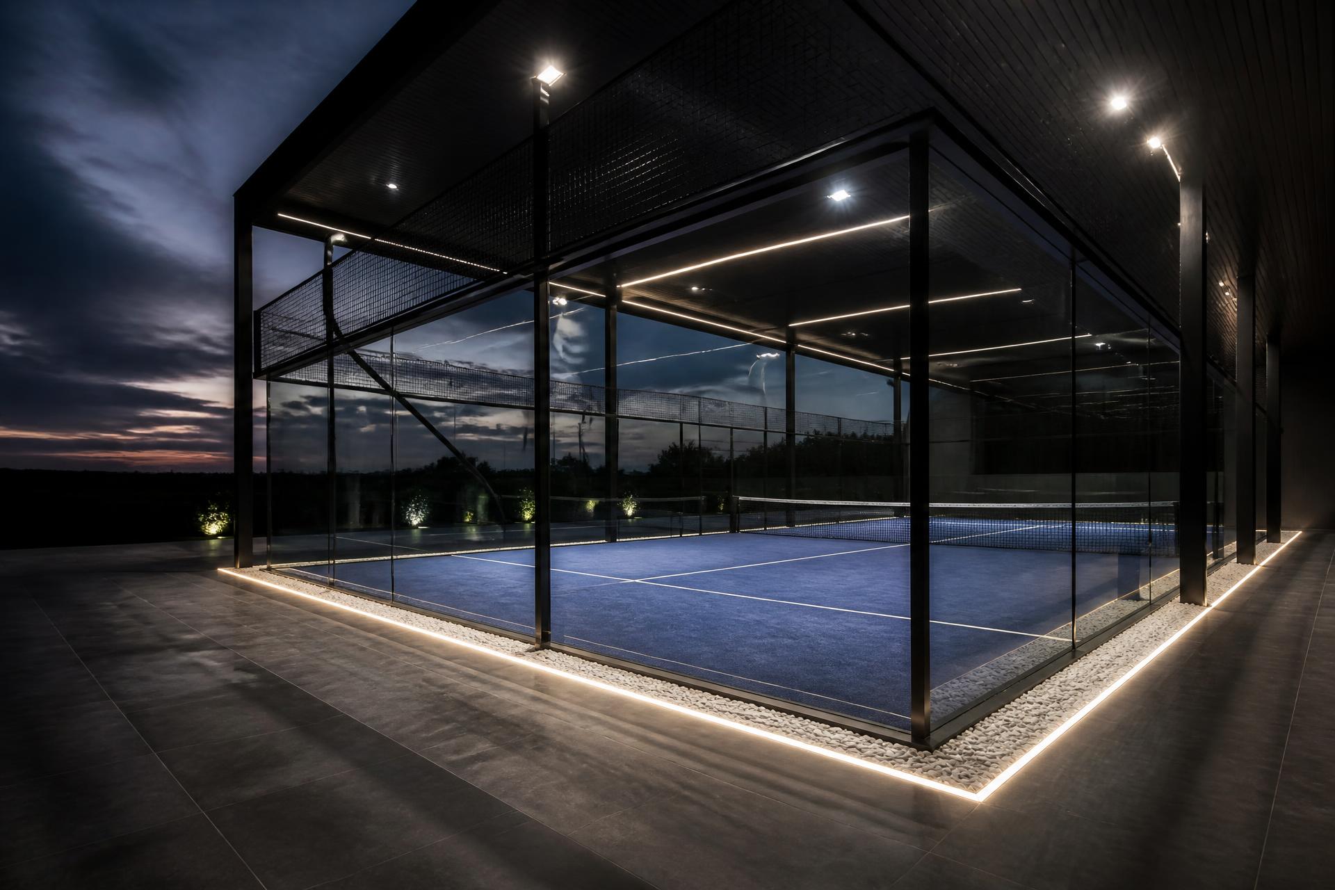Moderner Padelplatz in dunkler Bauweise bei Abendlicht, symbolische Darstellung